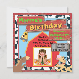 Barnyard Farm Animals Photo Insert Birthday Party Invitation