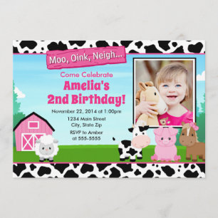 Barnyard Farm Birthday Girl Invitation Pink