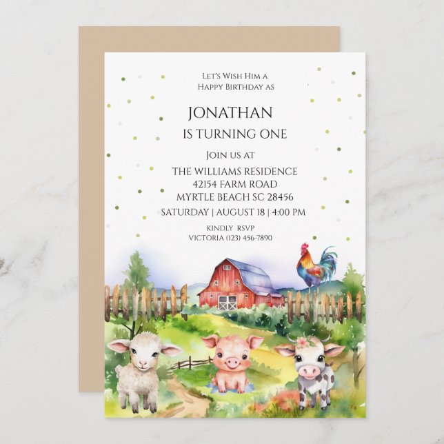 Barnyard Farm Theme Boys 1st Birthday Party Invitation (Front/Back)