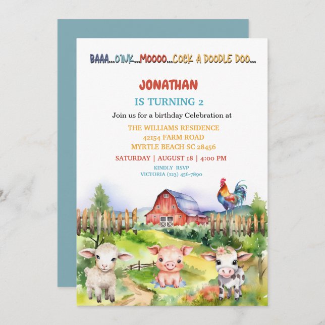 Barnyard Farm Theme Boys 2nd Birthday Party Invitation (Front/Back)