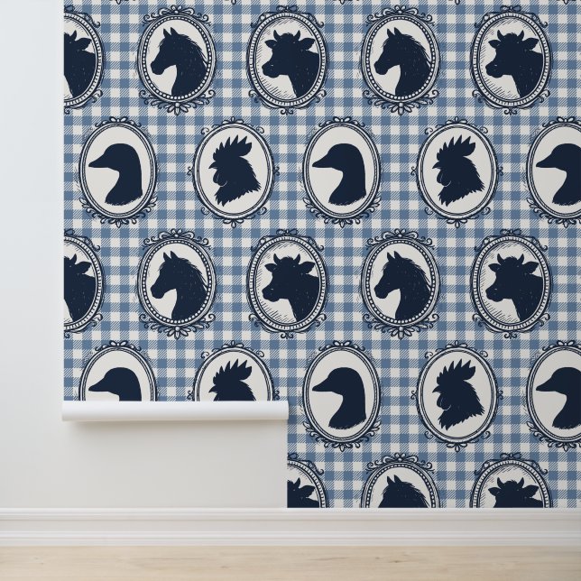 Barnyard Farmhouse Kitchen Gingham - Blue & Navy Wallpaper (Application)