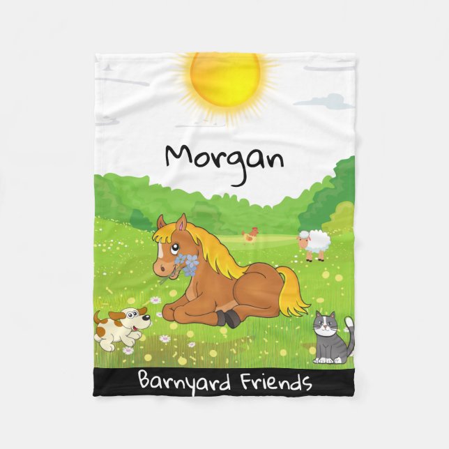 Barnyard Friends Pony, Cat, Dog, Chicken, Lamb Fleece Blanket (Front)
