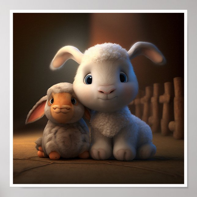Barnyard Friends Series - Cute Rabbit and Lamb Poster (Front)
