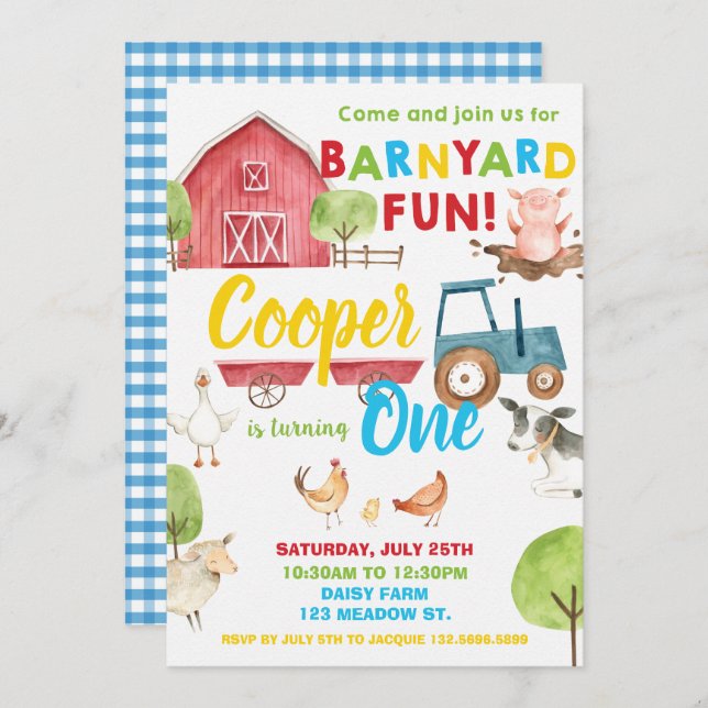 Barnyard Fun 1st Birthday Party Farm Animals Blue Invitation (Front/Back)