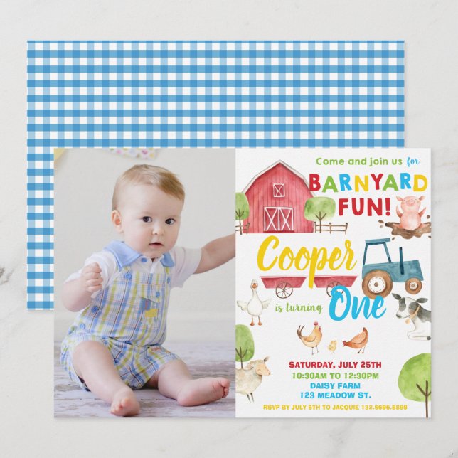 Barnyard Fun Boy Birthday Party Farm Animals Photo Invitation (Front/Back)