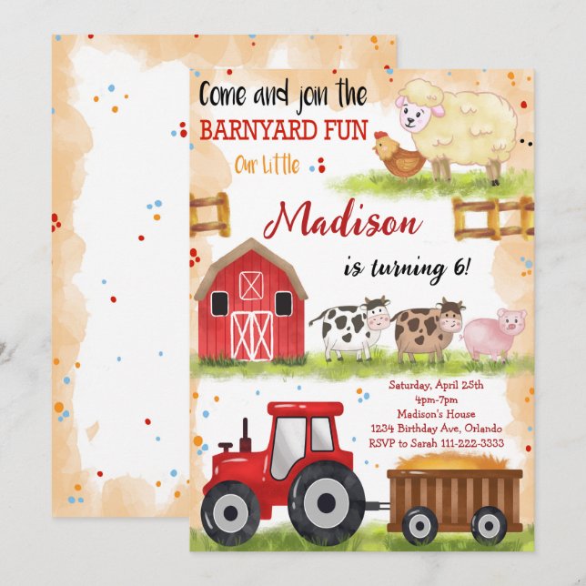Barnyard Fun Farm Animals Birthday Invitation (Front/Back)