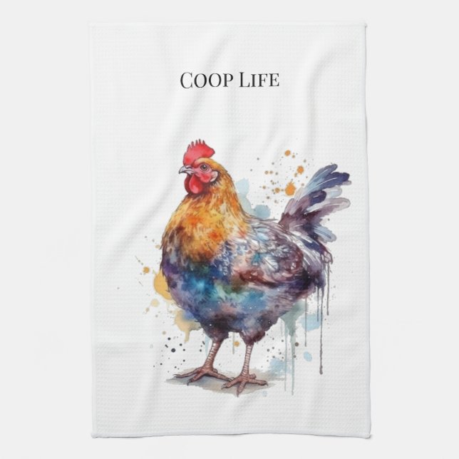 Barnyard Splendour: Watercolor Hen, custom Tea Towel (Vertical)