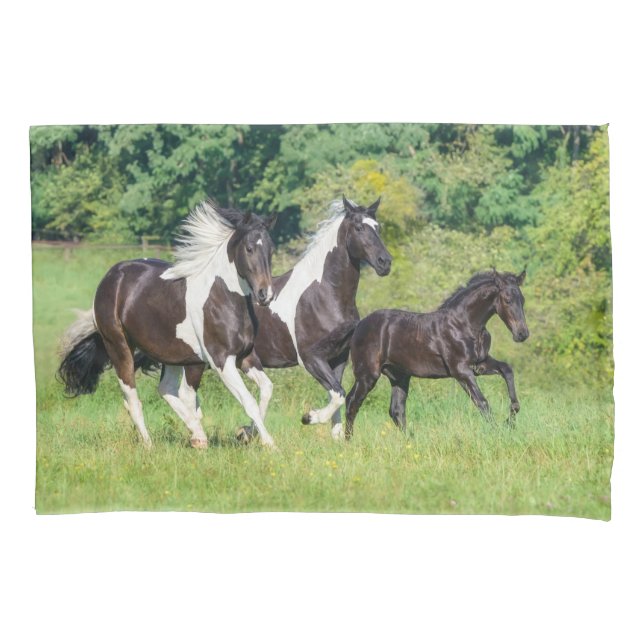 Barock Pinto Horses Herd with Cute Foal Galloping  Pillowcase (Front)