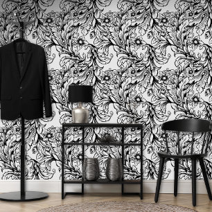 Baroque Acanthus Leaf Black Wallpaper