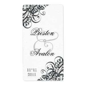 Baroque B&W Scroll Wedding Wine Label