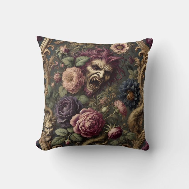 Baroque Battles & Blooms – Gothic Floral Design Cushion (Front)
