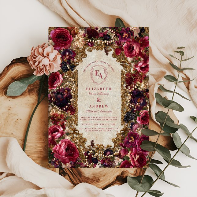 Baroque Berry and Burgundy Floral Wedding Invitation (Creator Uploaded)