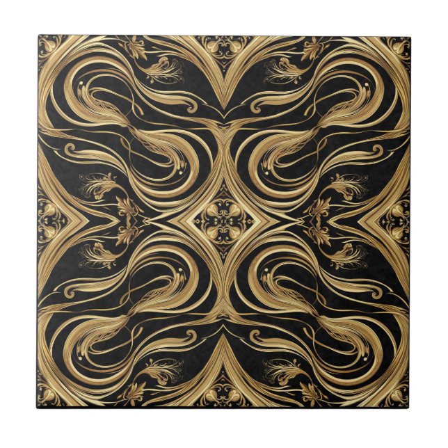 Baroque Black and Gold Swirling Ornate Pattern Ceramic Tile (Front)