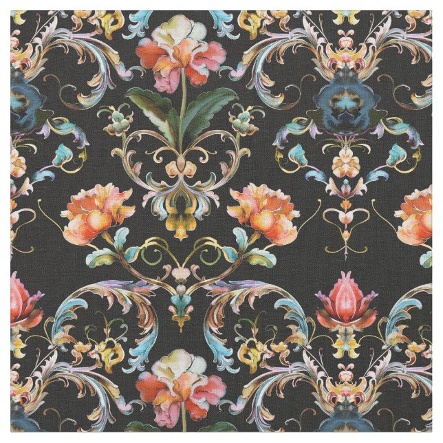 Baroque black floral damask fabric (Close Up)