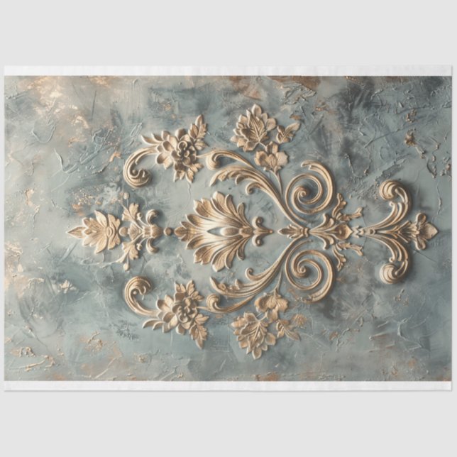 Baroque Blue Gold Embossed Effect Demask Pattern  Tissue Paper (Front)