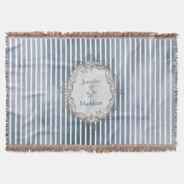 Baroque Blue-Grey Watercolor Stripe  Throw Blanket (Front)