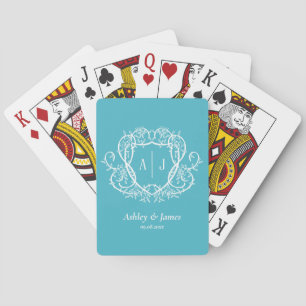 Baroque Botanical Turquoise Monogram Crest Wedding Playing Cards