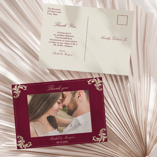 Baroque Burgundy Gold Wedding Thank You Postcard (Creator Uploaded)