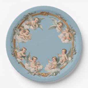 Baroque Cherub Blue Gold Wreath Paper Plate