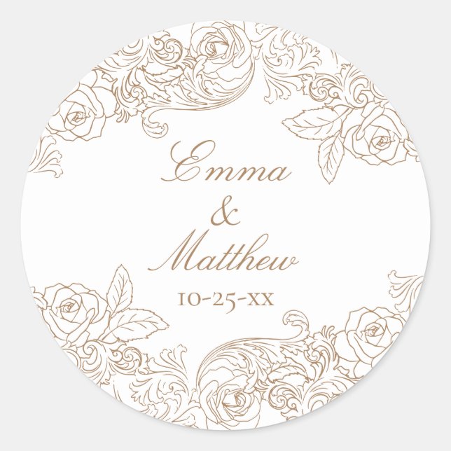 Baroque Circular Golden Brown Wedding Logo Classic Round Sticker (Front)