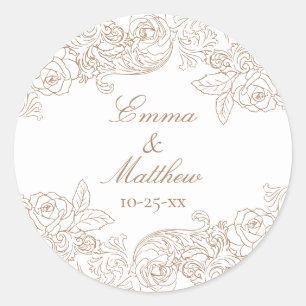 Baroque Circular Golden Brown Wedding Logo Classic Round Sticker