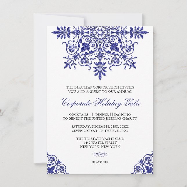 Baroque Cobalt Blue Glitter Look Holiday Party Invitation (Front)