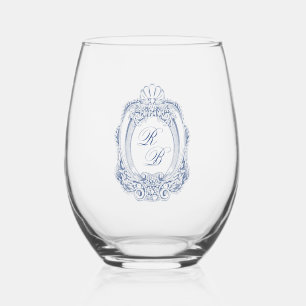Baroque Crest French Blue Initials Wedding Stemless Wine Glass