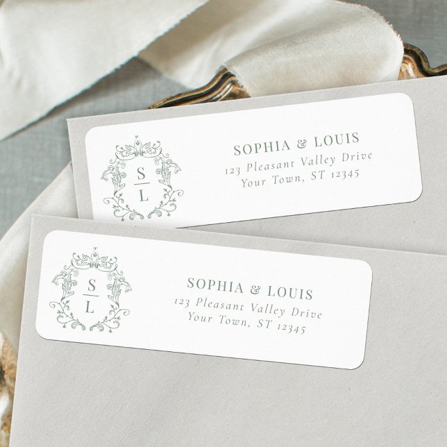 Baroque Crest Monogram Sage Green Wedding Address Return Address Label (Creator Uploaded)