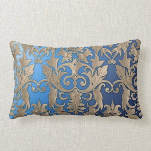 Baroque Damask Brocade Cream Beige on Blue Lumbar Cushion