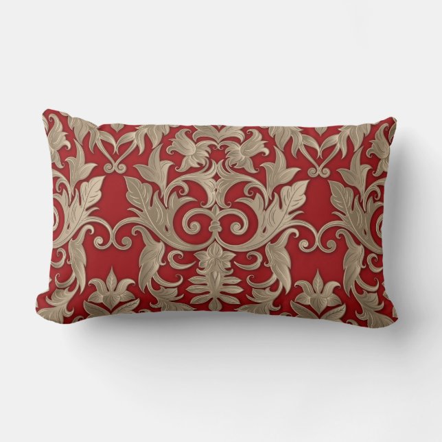Baroque Damask Brocade Cream Beige on Red Lumbar Cushion (Front)