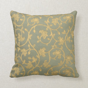 Baroque Damask ~ gold, green swirl throw pillow