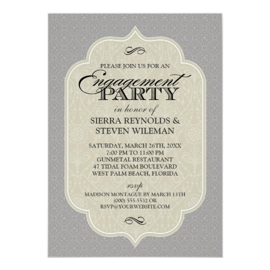 Baroque Damask Gunmetal Grey Engagement Party Card