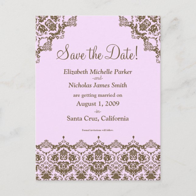 Baroque Damask Pink Lace Save the Date Postcard (Front)