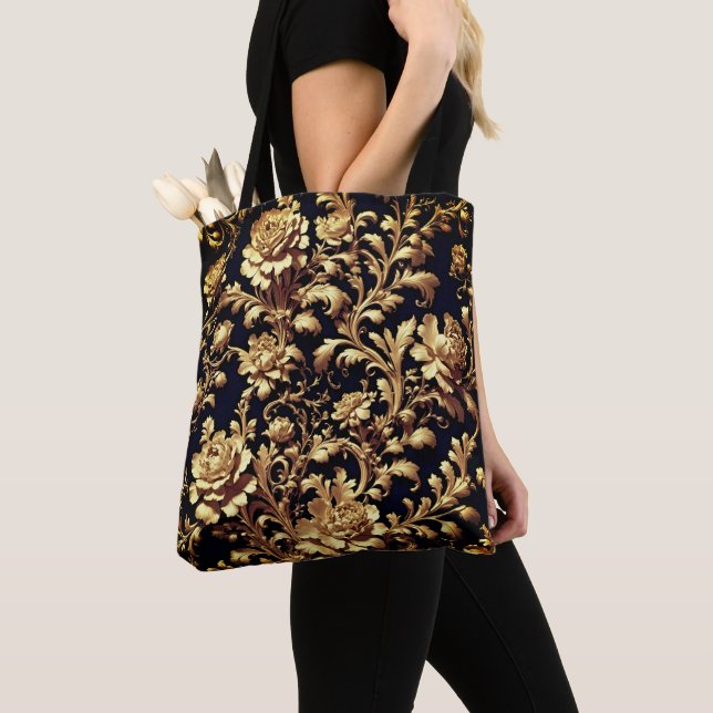Baroque Elegance: Black & Gold Floral Tote Bag (Close Up)