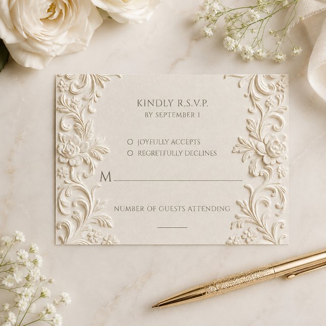 Baroque Elegance Ivory Script Wedding RSVP Card (Baroque Elegance Ivory Script Wedding RSVP Card)