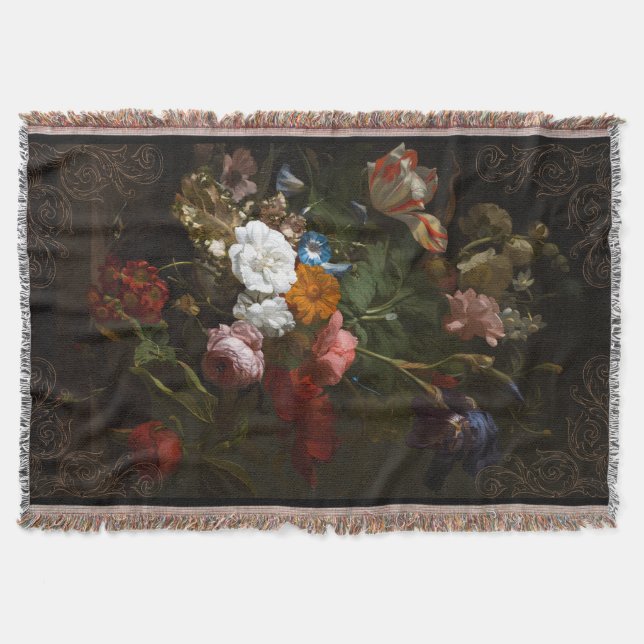 Baroque elegant dark floral design throw blanket (Front)