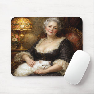 Baroque Elegant Woman with White Cat Mouse Pad
