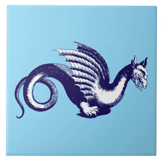 Baroque Era Blue & White Mediaeval Dragon Ceramic Tile (Front)