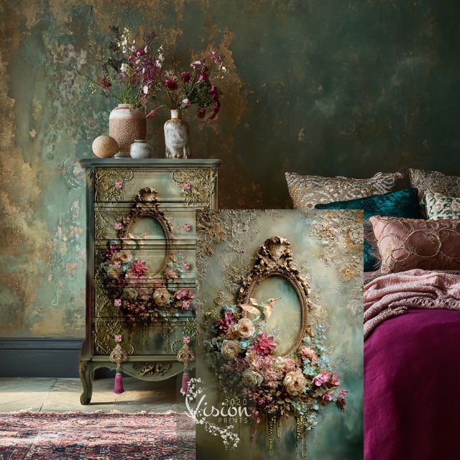 Baroque Ethereal Hummingbird Oval Frame & Floral Tissue Paper (Hummingbird, Vintage Oval Frame, Muted teal & pink, Ethereal Floral Decoupage Tissue Paper)