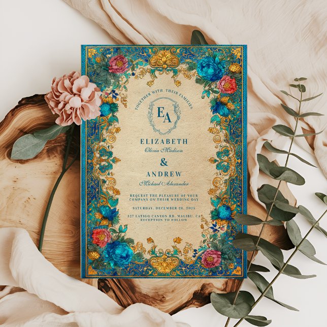 Baroque Floral and Teal Pattern Wedding Invitation (Creator Uploaded)