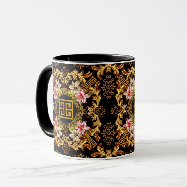 Baroque Floral Black Gold Pink Mug (Front Left)