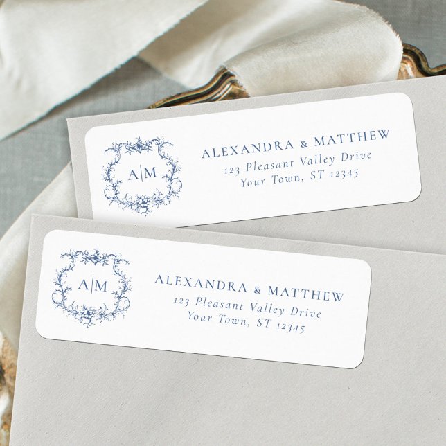 Baroque Floral Crest Blue Wedding Return Address Label (Creator Uploaded)
