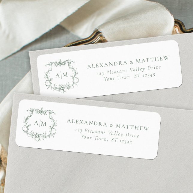 Baroque Floral Crest Green Wedding Return Address Label (Creator Uploaded)