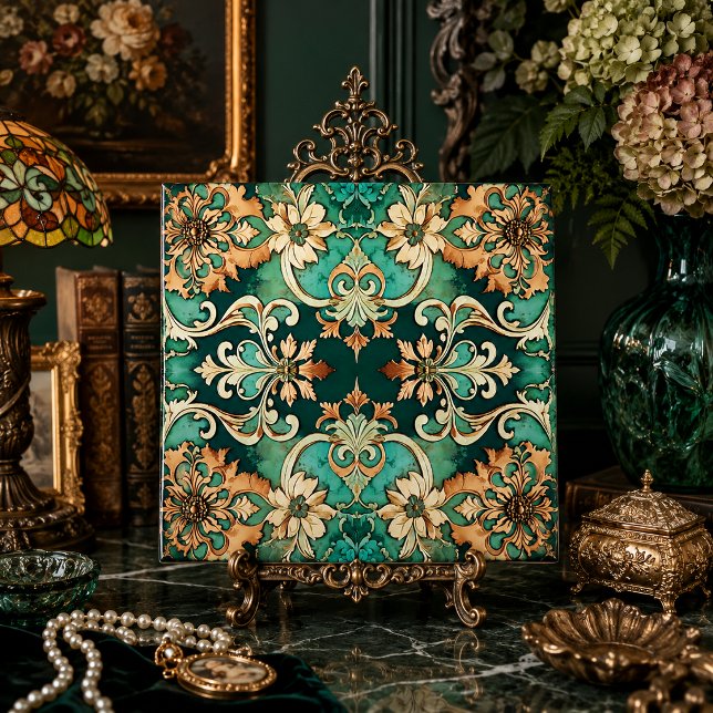 Baroque Floral Maximalist Backsplash Decor Accent Ceramic Tile (Ornate copper patina Baroque floral damask ceramic tile home decor accent display on elegant easel)