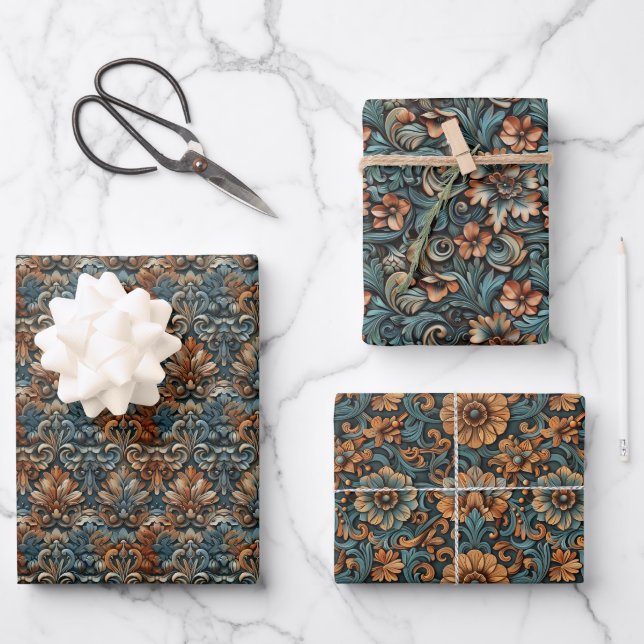 Baroque Floral Motif 2D Pattern Wrapping Paper Sheet (Front)