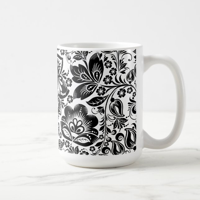 Baroque Floral Pattern On Black And White Coffee Mug (Right)