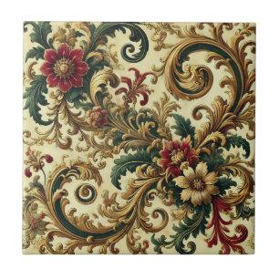 Baroque Floral Pattern with Gold, Red, Green A Ceramic Tile
