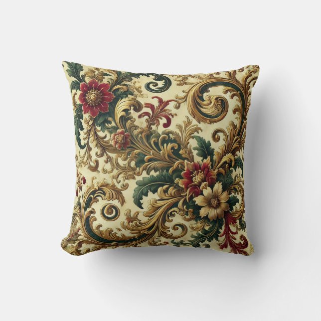 Baroque Floral Pattern with Gold, Red, Green A Cushion (Front)
