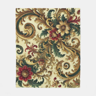 Baroque Floral Pattern with Gold, Red, Green A Fleece Blanket
