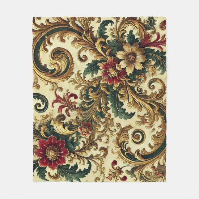 Baroque Floral Pattern with Gold, Red, Green A Fleece Blanket (Front)